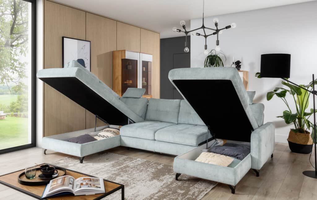 Canapé d'angle convertible en tissu avec coffre rangement, 246x173xH78